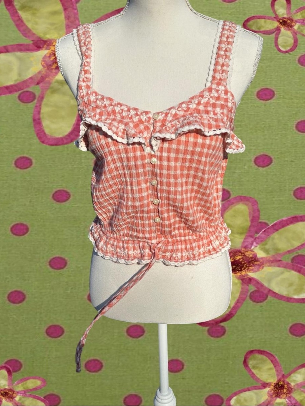 Women's Pink Gingham Ruffle Button-Front Crop Top